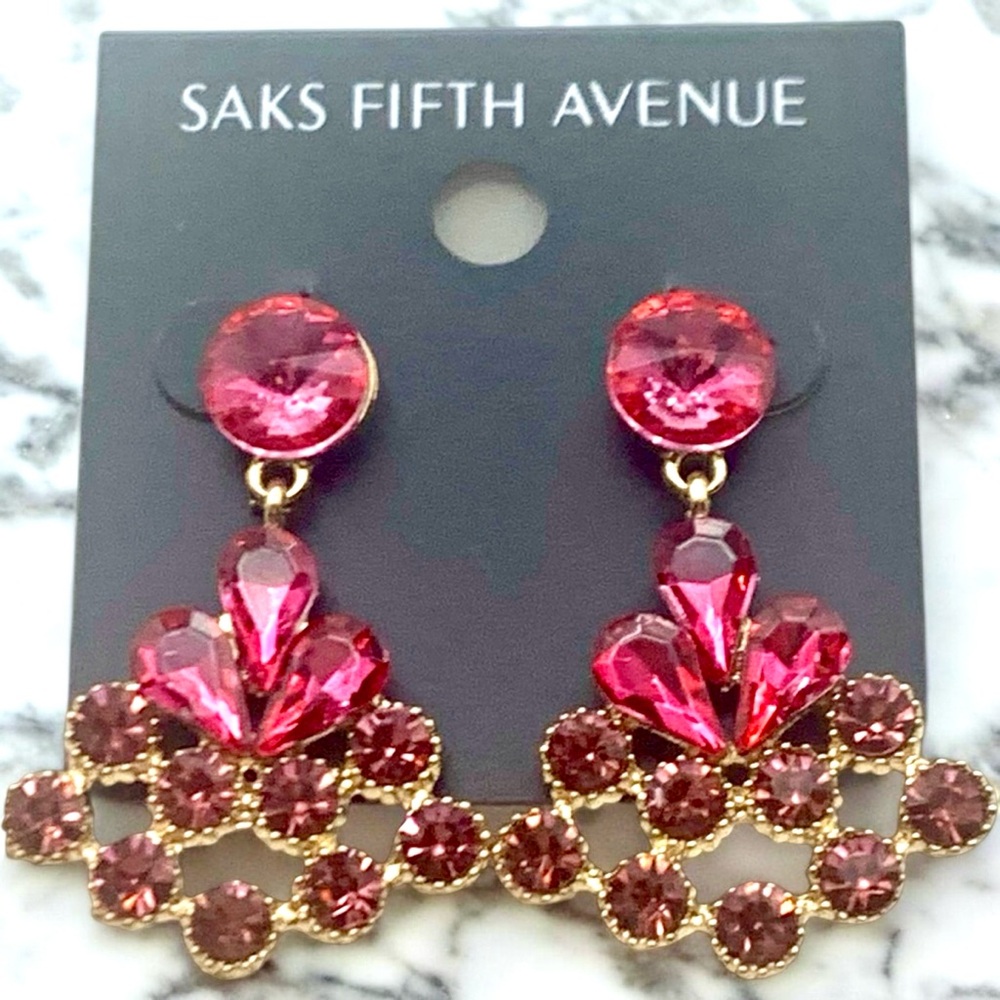 Saks Fifth Avenue Gold Plated & Pink Crystal Triangle Costume Jewelry Earrings. - Picture 4 of 5